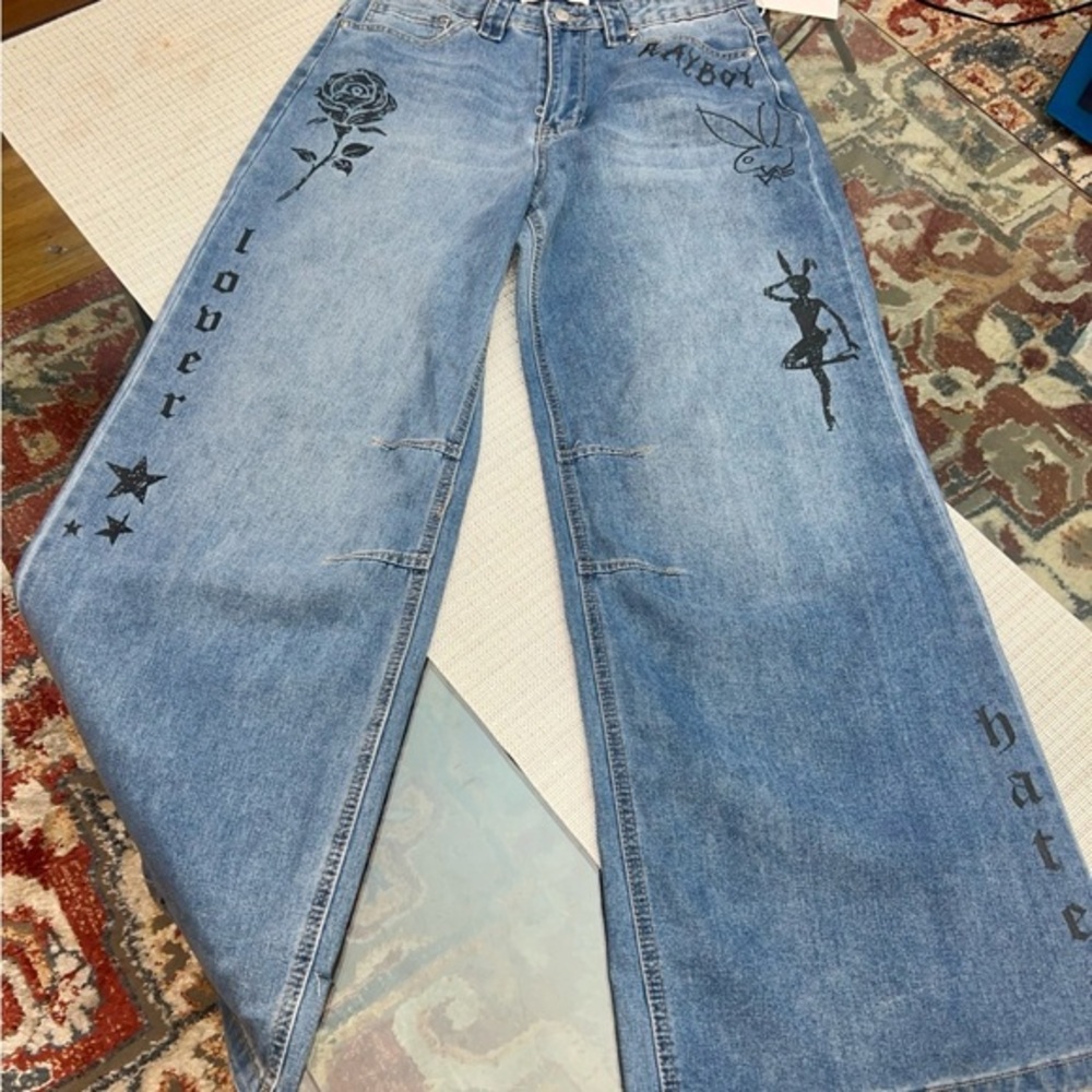 PLAYBOY Blue Wide Leg Jeans with Black Graphics